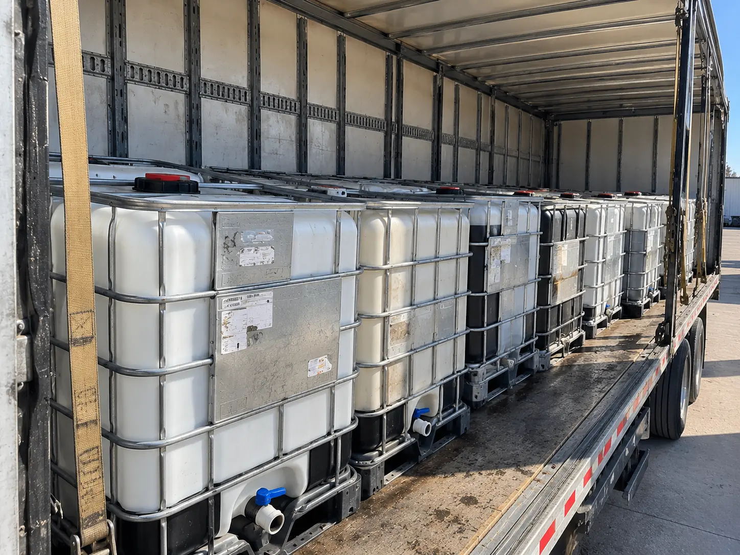 IBC totes strapped inside a curtainside trailer, ready to move