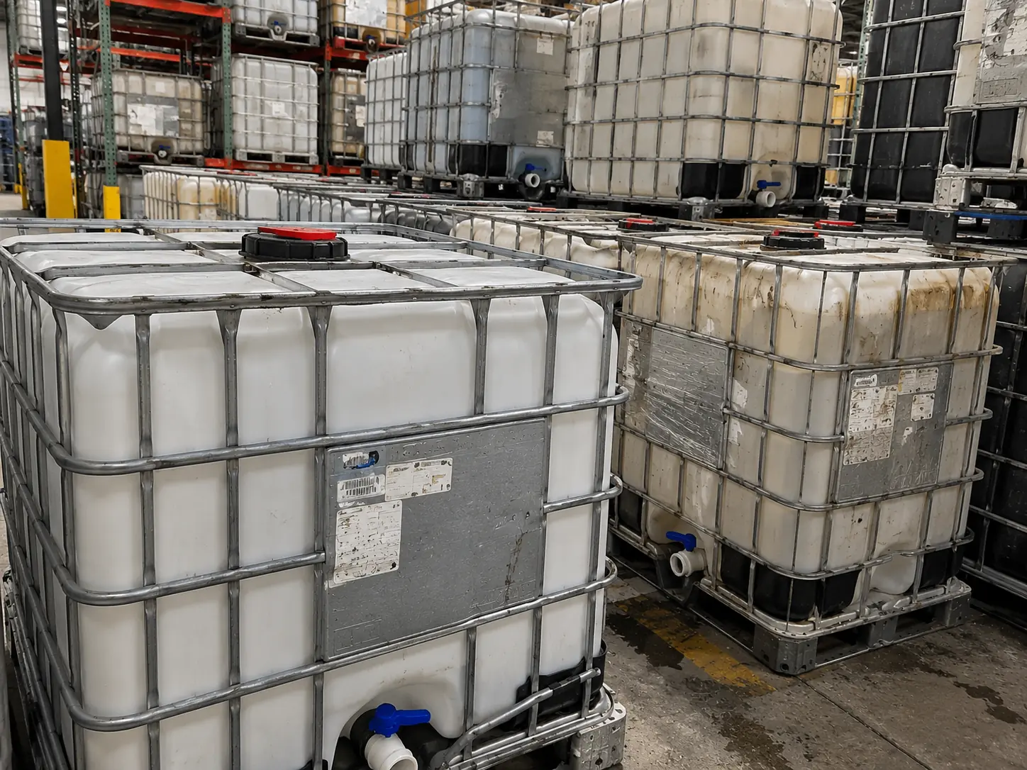 Rows of totes racked inside the Harvey warehouse