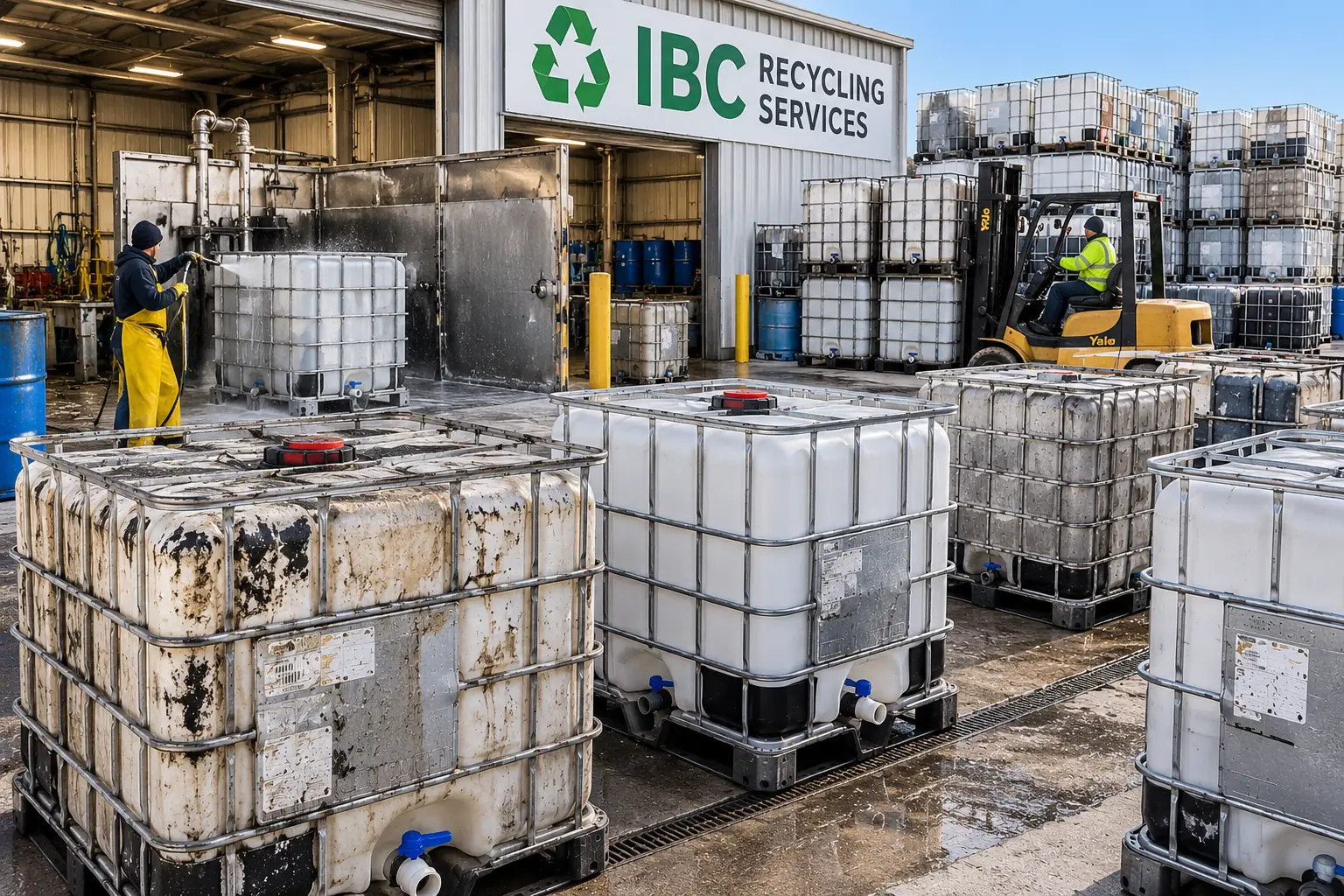 A technician pressure-washing an IBC tote on the reclaim line, with a forklift moving stock behind