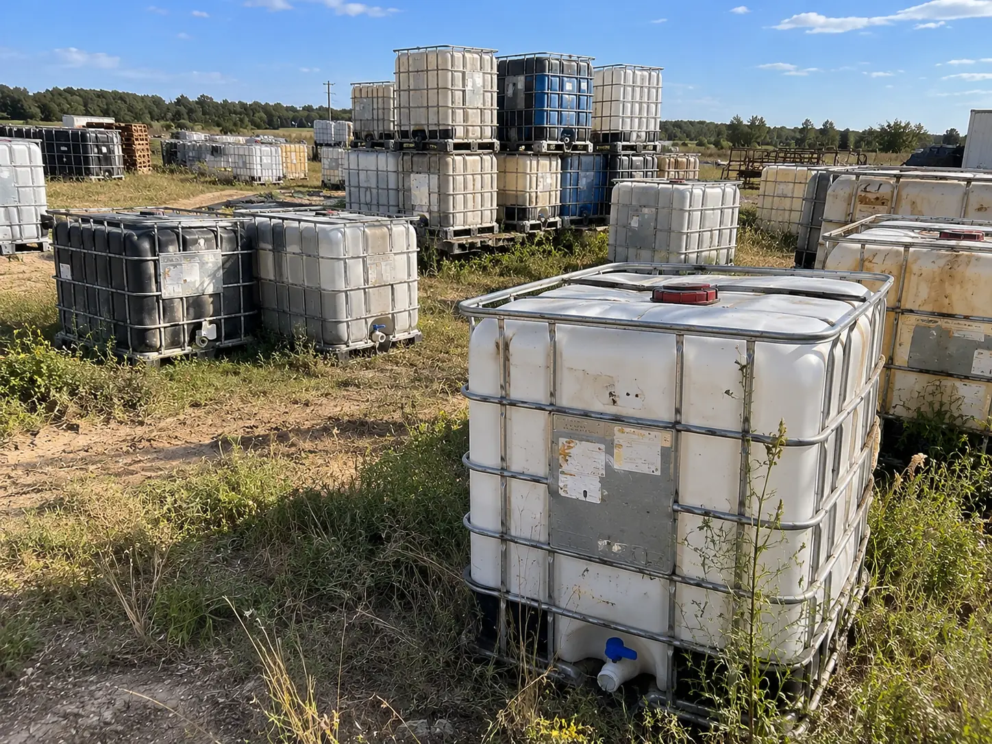 A field of weathered IBC totes standing in long grass, waiting to be reclaimed
